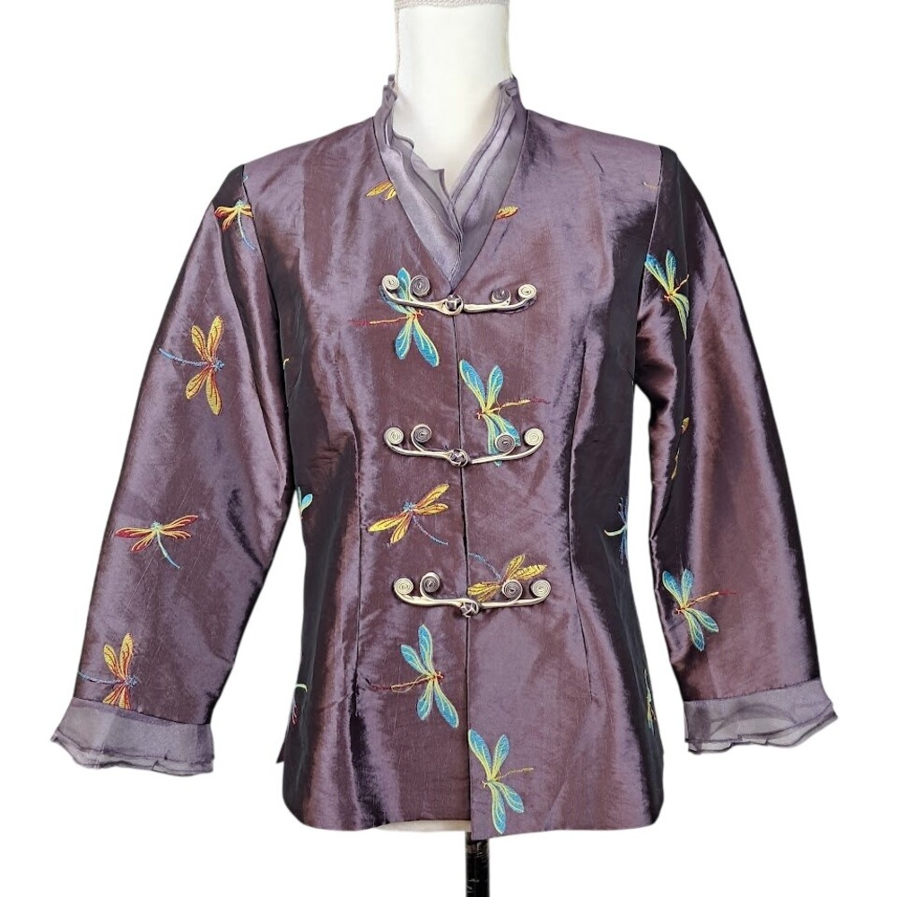 Qianbai M Plum Purple Silk Dragonfly Embroidered Jacket Asian Traditional